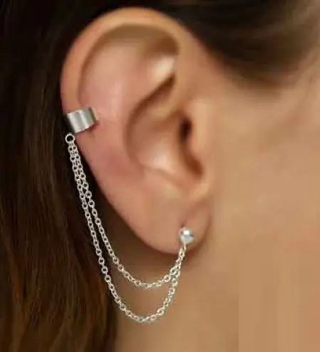 Серьга каф двойная цепь с цепочкой клипс на ухо без прокалывания вверху клипса 1шт серебряный цвет