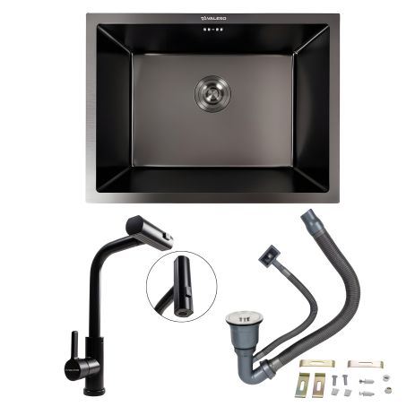 Кухонный комплект: Мойка Valeso Handmade (58x43 см) PVD черная, монтаж под столешницу + Смеситель XK09B PVD