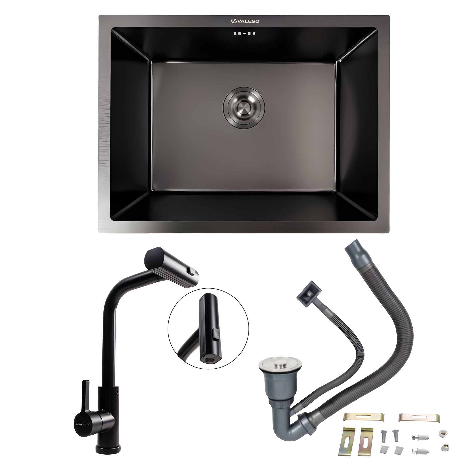 Кухонний комплект Valeso Handmade: мийка 58x43 см чорна + змішувач XK09B PVD Кухонний комплект Valeso Handmade: мийка 58x43 см чорна + змішувач XK09B PVD