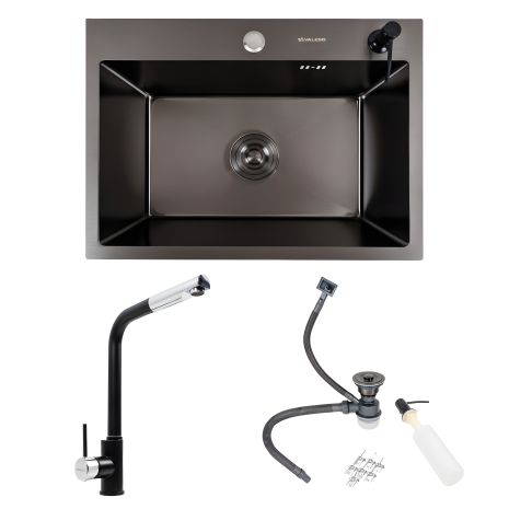 Кухонний сет: Мийка Valeso Handmade (58x43 см) чорна PVD + Змішувач Q411MB