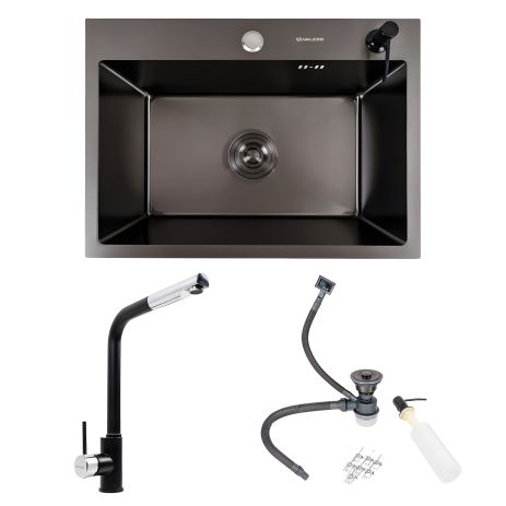 Кухонний сет: Мийка Valeso Handmade (58x43 см) чорна PVD + Змішувач Q411MB