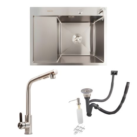 Kitchen Set: Sink Valeso Handmade (65x50 cm) Stainless Steel + Faucet FC-1 with Pull-out Head