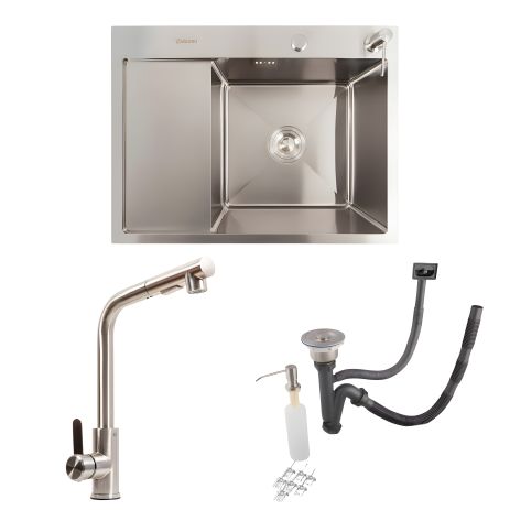 Kitchen Set: Sink Valeso Handmade (65x50 cm) Stainless Steel + Faucet FC-1 with Pull-out Head