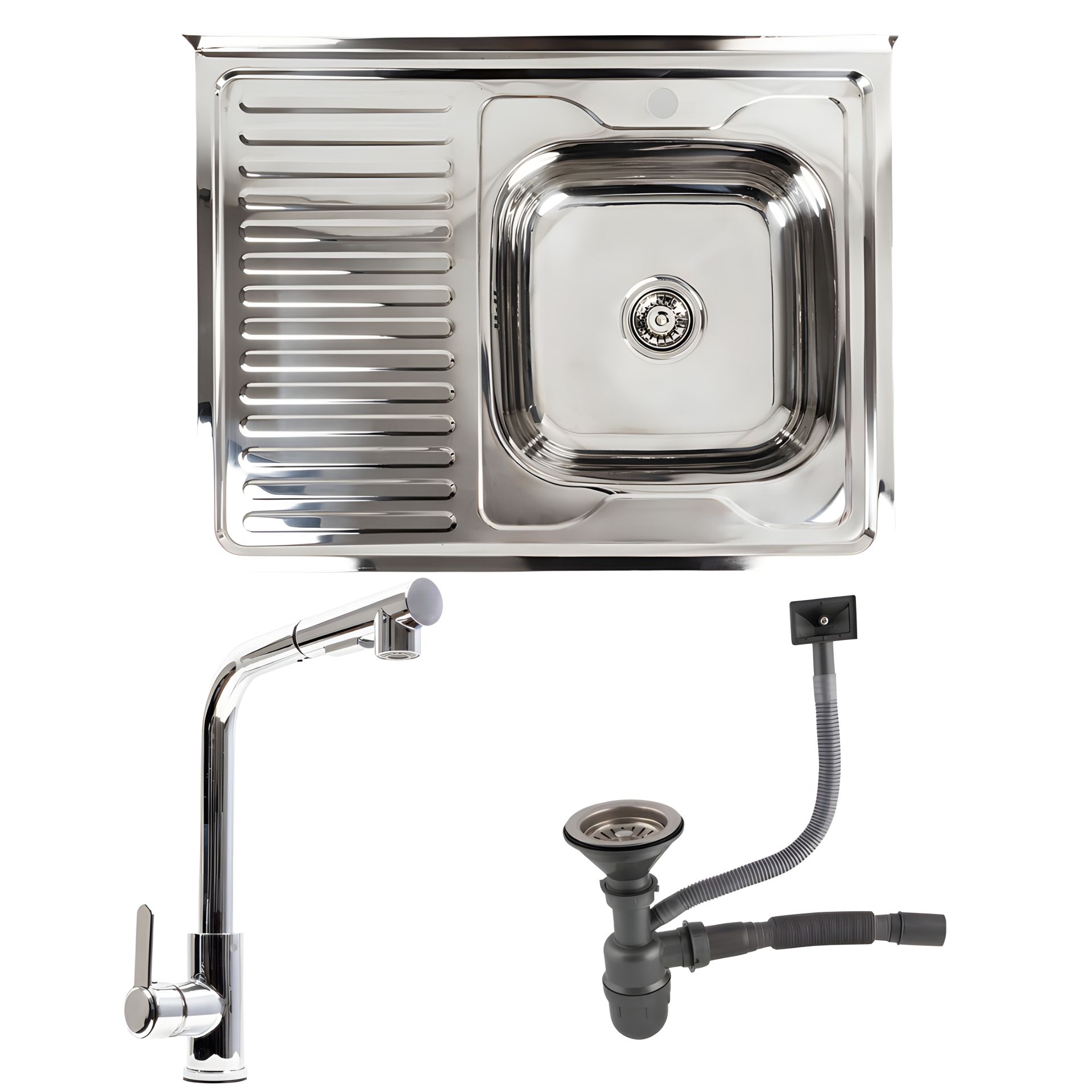 Комплект кухонний: Мийка полірована 8060R + FC-1 Змішувач з висувною лійкою Комплект кухонний: Мийка полірована 8060R + FC-1 Змішувач з висувною лійкою