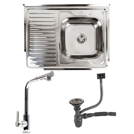 Комплект кухонний: Мийка полірована 8060R + FC-1 Змішувач з висувною лійкою