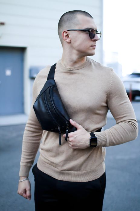 Чорна чоловіча сумка-бананка з гладкої натуральної шкіри SKILL