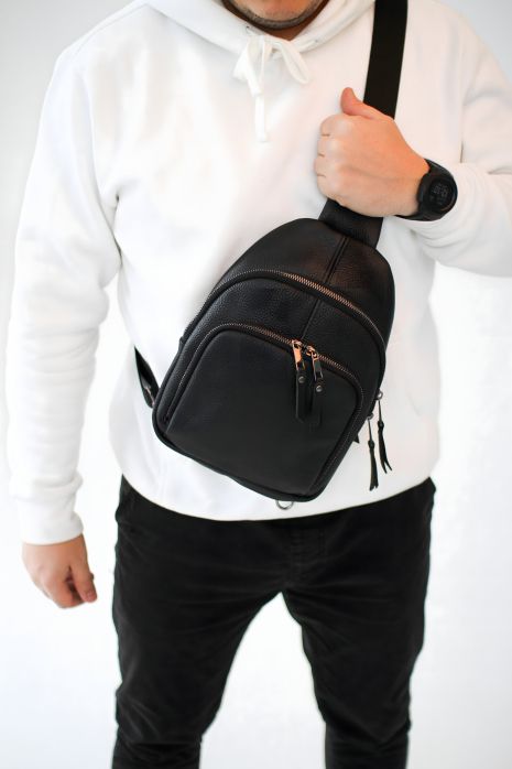 Сумка-слинг из натуральной кожи, кожаная через плечо SKILL черная