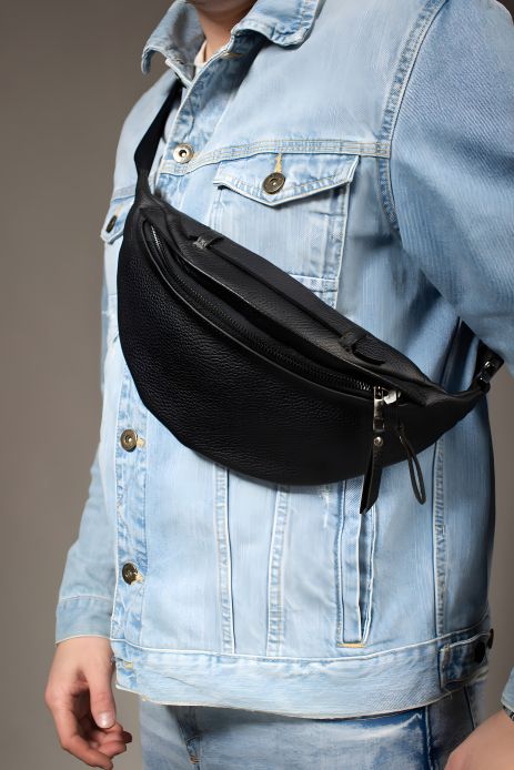 Чоловіча Сумка Бананка SKILL шкіряна, чорна