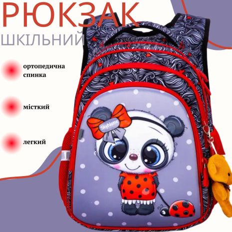 Рюкзак шкільний для дівчинки з ортопедичною спинкою, 3 відділи, Sky Name Winner, сіро-червоний