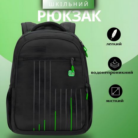 Шкільний рюкзак для хлопчиків, на 3 відділення, ортопедична спинка, Sky Name (Winner), чорний з зеленим