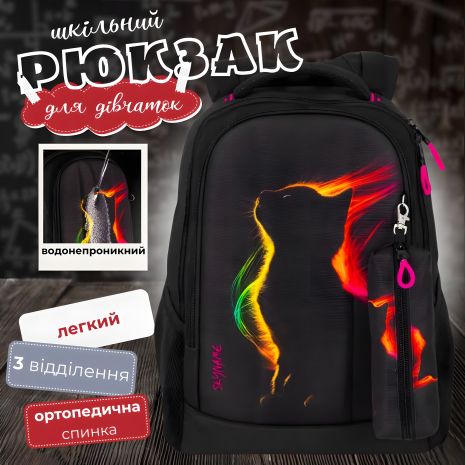 Шкільний рюкзак Winner/SkyName для підлітків, комплект з пеналом, принт "Котик", чорний