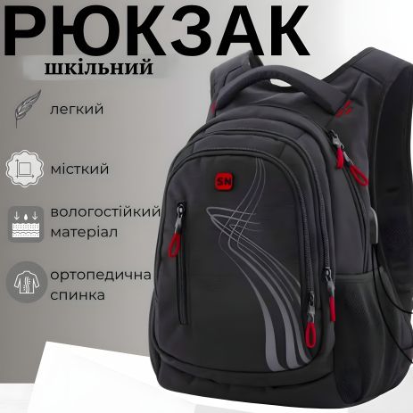 Школьный рюкзак Winner/SkyName с USB-слотом, черный с красным Школьный рюкзак Winner/SkyName с USB-слотом, черный с красным