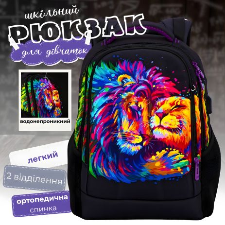 Рюкзак шкільний для підлітків, на 2 відділення, з USB-слотом, пенал в комплекті, чорний