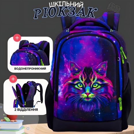 Тінейджерський шкільний рюкзак з USB-портом, двокамерний, з пеналом, принт "Киця"