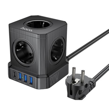 Сетевое зарядное устройство удлинитель Hoco NS8 3 USB/ Type-C 5 розеток 2m black Сетевое зарядное устройство удлинитель Hoco NS8 3 USB/ Type-C 5 розеток 2m black