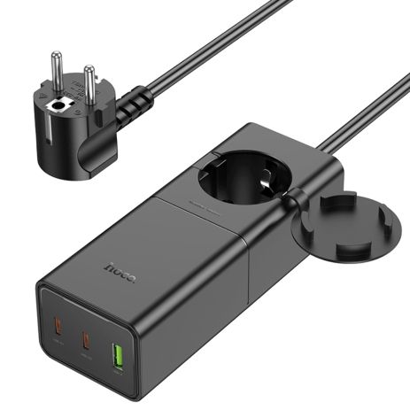 Мережевий зарядний пристрій подовжувач Hoco NS4, 1USB, 2 Type-C, PD 65W, black Мережевий зарядний пристрій подовжувач Hoco NS4, 1USB, 2 Type-C, PD 65W, black