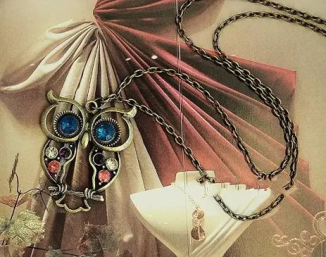 Підвіска кулон сова OWL зі стразами довгий ланцюжок бронзовий колір