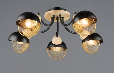 Потолочная люстра с 5 плафонами N6656/5 Черный+Дерево