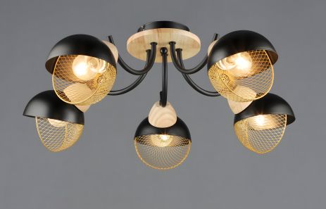 Стельова люстра N6656/5 Чорний+Дерево, на 5 плафонів