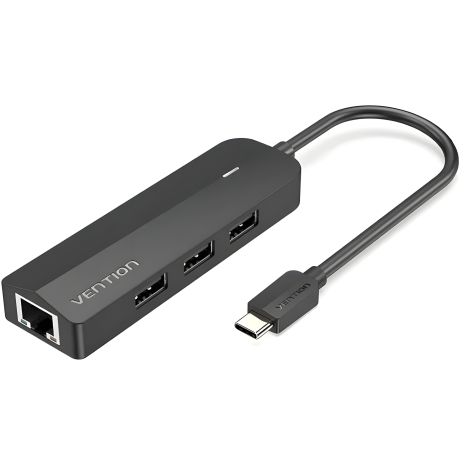 Vention USB-C хаб на USB 3.0*3/RJ45/Micro-B, 0.15M, тёмно-чёрный ABS, тип TGPBB