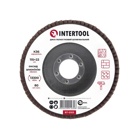 Шліфувальний диск пелюстковий, 115×22 мм, зерно K36, 13300 об/хв INTERTOOL BT-0103
