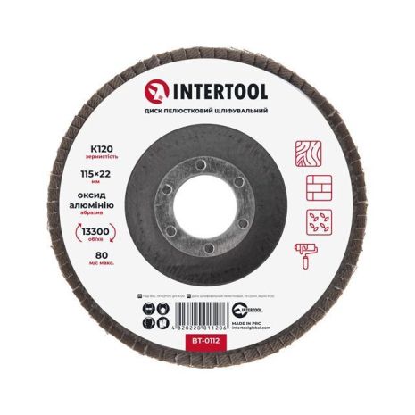 Пелюстковий диск шліфувальний, 115×22 мм, зерно K120, 13300 об/хв INTERTOOL BT-0112