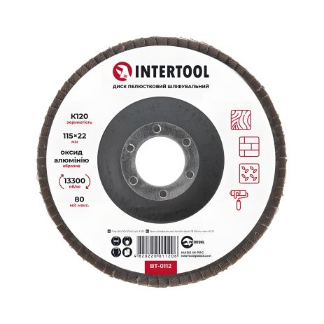 Пелюстковий диск шліфувальний, 115×22 мм, зерно K120, 13300 об/хв INTERTOOL BT-0112