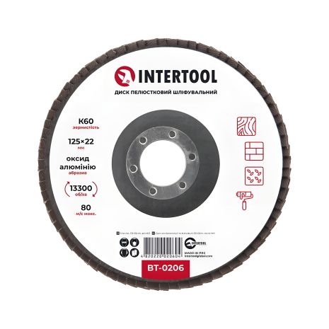 Шліфувальний диск пелюстковий, 125×22 мм, зерно K60, 13300 об/хв INTERTOOL BT-0206