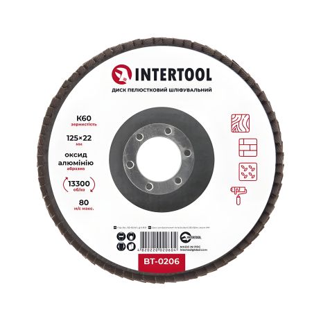Шліфувальний диск пелюстковий, 125×22 мм, зерно K60, 13300 об/хв INTERTOOL BT-0206