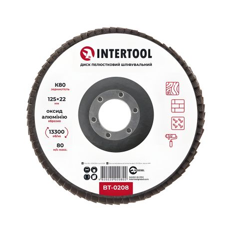 Лепестковый шлифовальный диск, 125×22 мм, зерно K80, 13300 об/мин INTERTOOL BT-0208