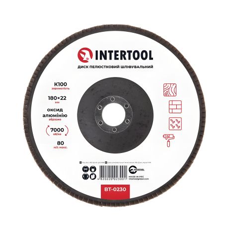 Пелюстковий шліфувальний диск 180×22 мм, зерно K100, 7000 об/хв INTERTOOL BT-0230