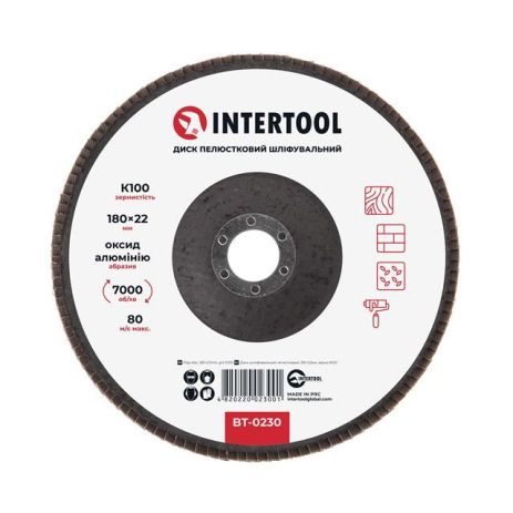 Диск шлифовальный лепестковый, 180×22 мм, зерно K100 INTERTOOL BT-0230