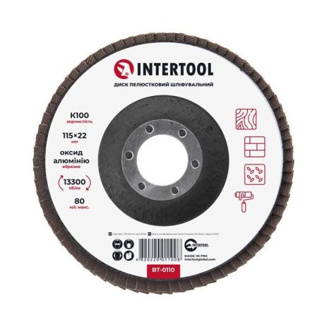 Диск шлифовальный лепестковый, 115×22 мм, зерно K100 INTERTOOL BT-0110