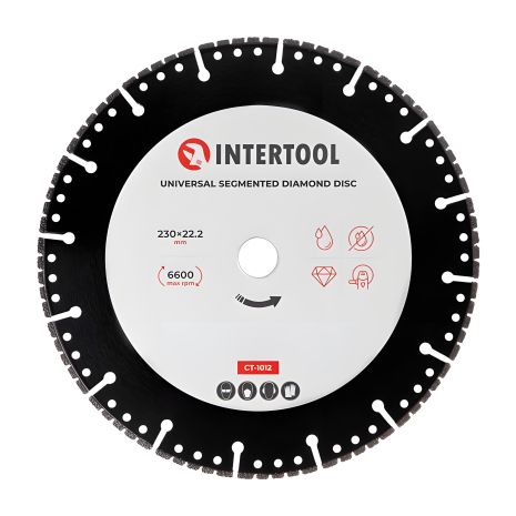 Сегментний алмазний диск універсальний, 230 мм, 16-18%, 6600 об/хв INTERTOOL CT-1012 Сегментний алмазний диск універсальний, 230 мм, 16-18%, 6600 об/хв INTERTOOL CT-1012