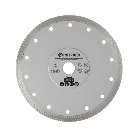 Алмазний відрізний диск по керамограніту INTERTOOL, з суцільною кромкою, 180 мм, 36%, 8600 об/хв (CT-3104) Алмазний відрізний диск по керамограніту INTERTOOL, з суцільною кромкою, 180 мм, 36%, 8600 об/хв (CT-3104)