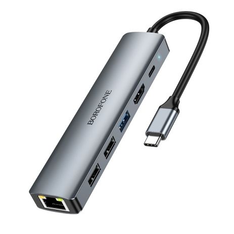 USB Hub Borofone DH16 6-в-1 Type-C to HDMI+PD+USB3.0+USB2.0*2+RJ45(L=0.15M) Серый