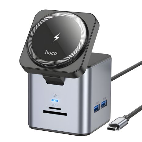 USB-хаб Hoco HB49, Type-C to HDTV, PD100W, USB3.0х3, SD, TF, RJ45 (1Gbps), Wireless 15W, Сірий