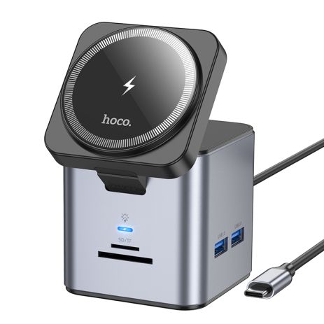 USB Hub Hoco HB49 Type-C to HDTV+PD100W+USB3.0*3+SD+TF+RJ45(1Gbps)+Wireless 15W Серый