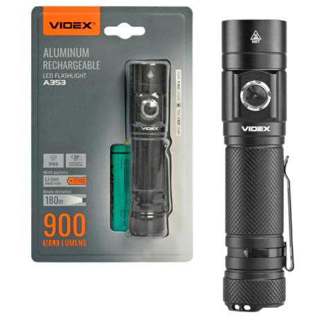 Ліхтарик VIDEX VLF-A353 900Lm 5000K IP66 USB-C алюмінієвий корпус, з акумулятором та функцією PowerBank