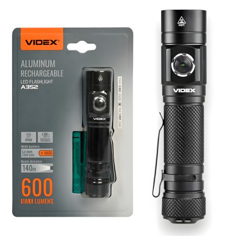 VIDEX VLF-A352 ліхтарик 600Lm 5000K USB-C алюмінієвий корпус, з акумулятором та функцією PowerBank, IP66
