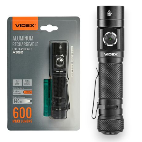 Ліхтарик VIDEX VLF-A352 600Lm 5000K IP66 USB-C алюмінієвий корпус, з акумулятором та функцією PowerBank
