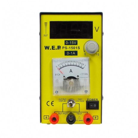 Блок живлення лабораторний WEP PS-1501S компактний, 15V цифрова індикація, 1A стрілочна індикація, RF-індикатор, тестер