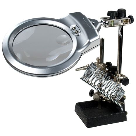 Держатель плат и паяльника MG16129-A с LED-подсветкой и двойной лупой (большая лупа d=90 мм, 2x; малая лупа d=21, 6x)