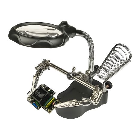 MG16126-A держатель для плат и паяльника с двойными лупами и LED-подсветкой (большая лупа d=65 мм, 3.5x; малая лупа d=17 мм, 12x)