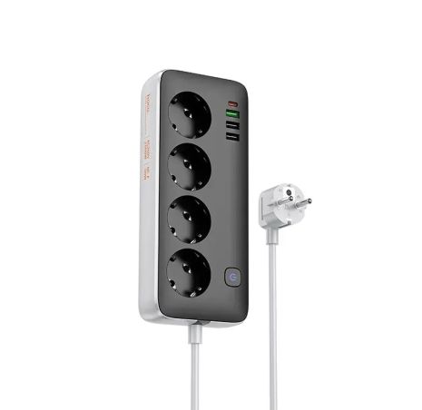 Подовжувач HOCO AC22 Sunlight 4-bit desktop socket (3M), 3USB, 1Type-C, 30W, 3A, PD, QC, black Подовжувач HOCO AC22 Sunlight 4-bit desktop socket (3M), 3USB, 1Type-C, 30W, 3A, PD, QC, black