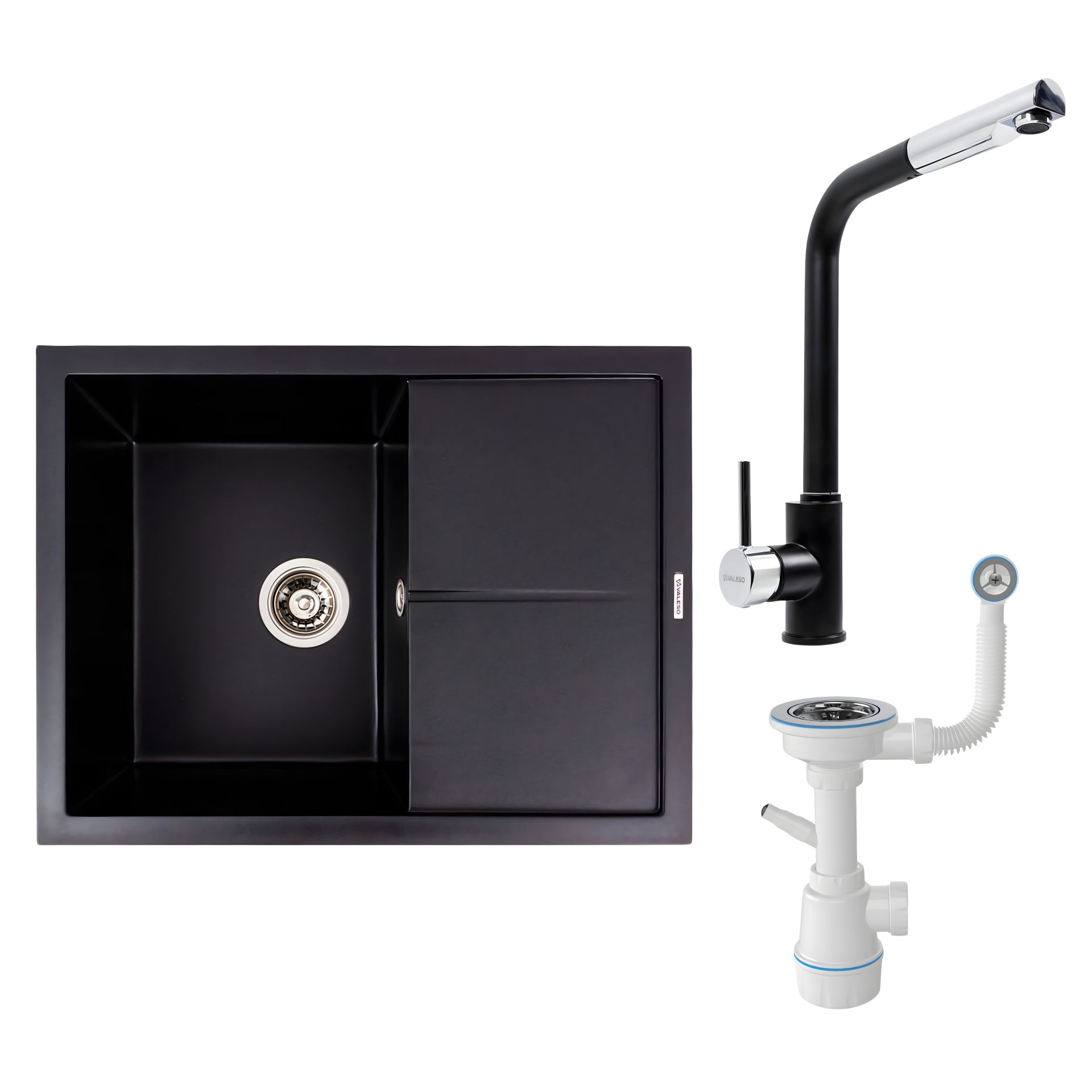 Комплект: Гранітна мийка 6550 CRIPTA VALESO + Q411MB змішувач + сифон (чорний) Комплект: Гранітна мийка 6550 CRIPTA VALESO + Q411MB змішувач + сифон (чорний)