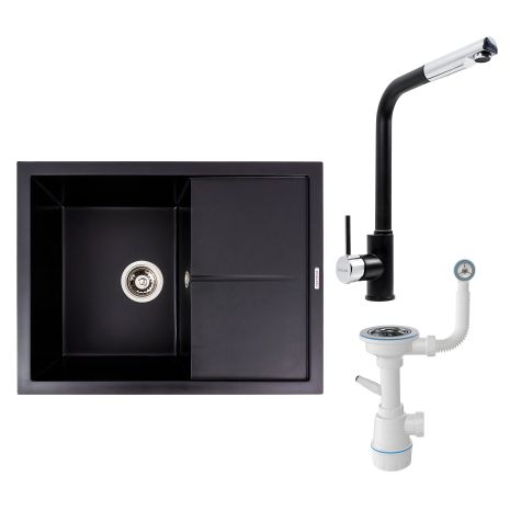 Комплект: Гранітна мийка 6550 CRIPTA VALESO + Q411MB змішувач + сифон (чорний)