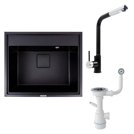 Комплект: Мойка гранитная 6050 SHERLIT VALESO + Смеситель Q411MB + Сифон (Черный)