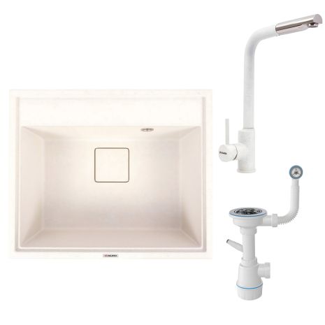 Гранітна мийка 6050 SHERLIT VALESO з змішувачем Q411B та сифоном (Білий в крапку)