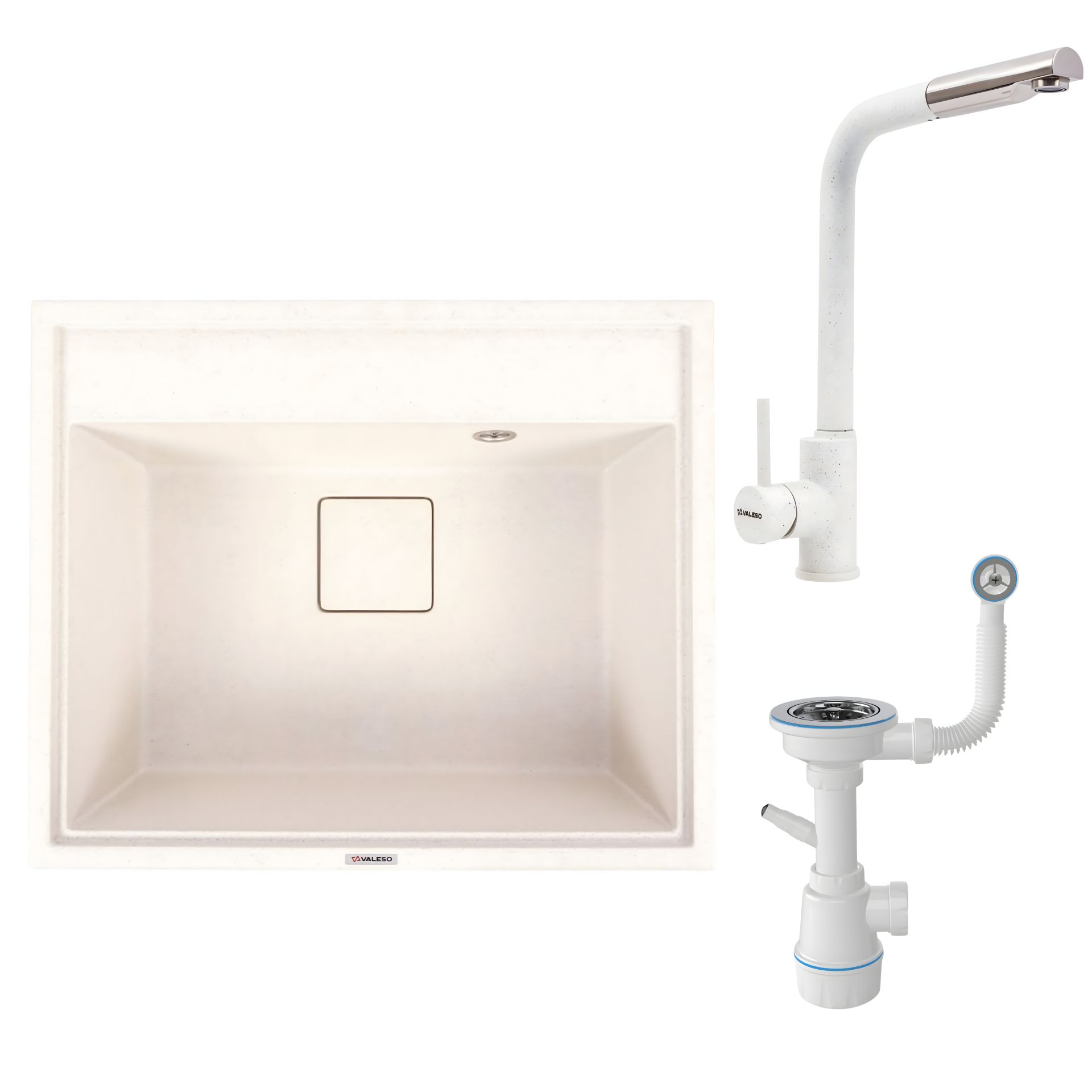 Гранітна мийка 6050 SHERLIT VALESO з змішувачем Q411B та сифоном (Білий в крапку) Гранітна мийка 6050 SHERLIT VALESO з змішувачем Q411B та сифоном (Білий в крапку)